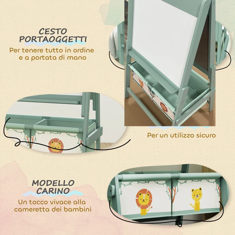 AIYAPLAY Lavagna per Bambini 3 in 1 con Cavalletto, Rotolo di Carta e 2 Cestelli, in Legno, 54x46x94 cm, Verde