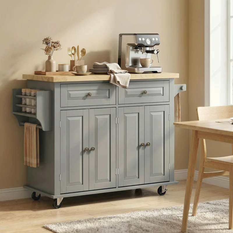 HOMCOM Ilha de Cozinha com Rodas 2 Gavetas 4 Portas Suporte para Temperos e Barra Lateral 111x44,5x82,5 cm Cinzento e Madeira