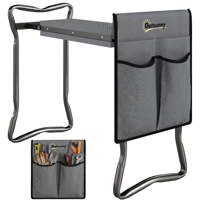 Outsunny Tabouret de Jardin Pliable 2 en 1, Coussin en Mousse EVA et 4 Poches à Outils Amovible, Charge 150kg, 58x28x49cm, Gris