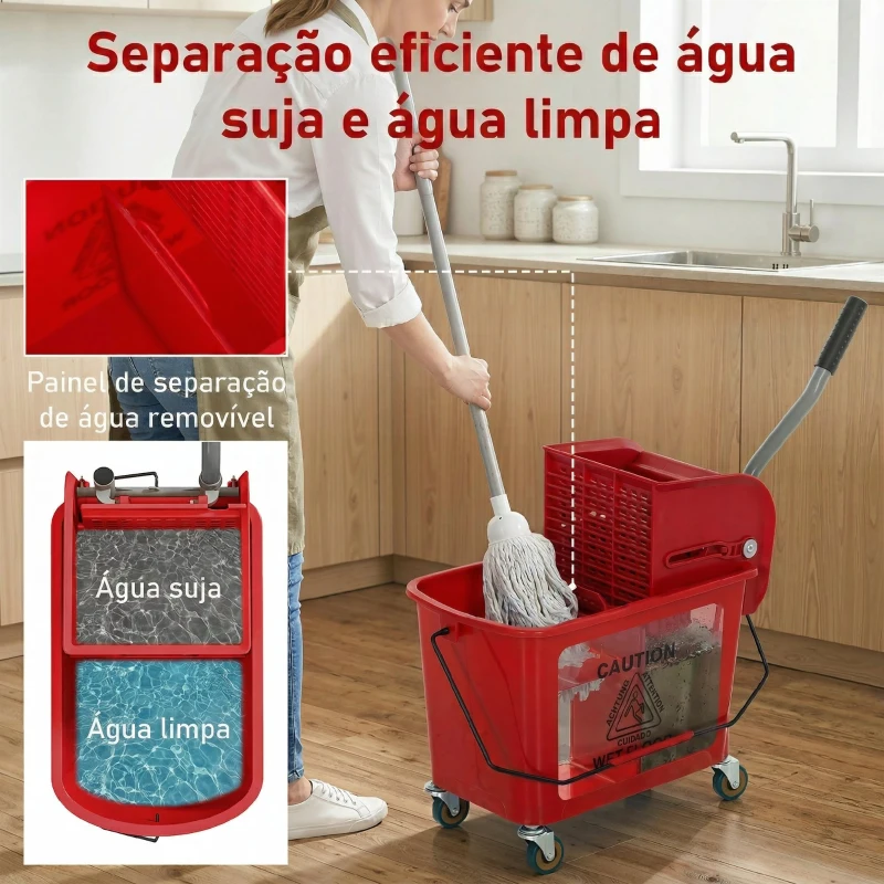 HOMCOM Balde de Limpeza com Escorredor Painel Separador e Rodas Capacidade de 20L para Limpezas Domésticas 45x26,5x70 cm Vermelho