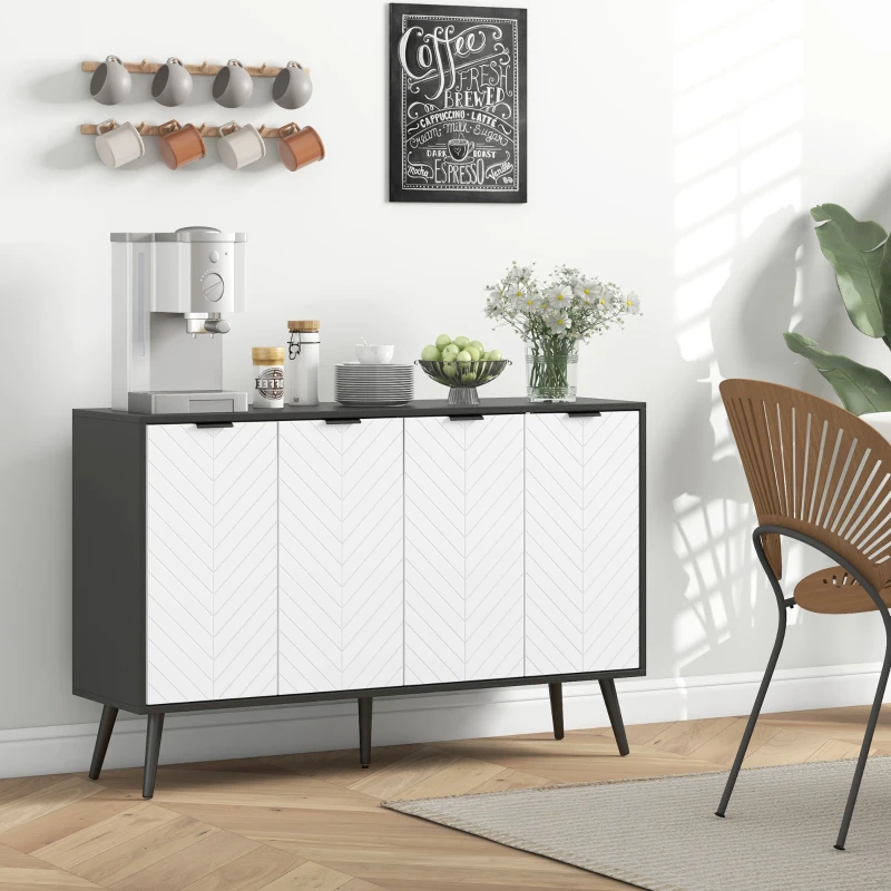 HOMCOM Aparador de 4 Puertas Aparador de Salón Estantes Ajustables Patas de Madera para Cocina Blanco y Negro 120x35x77,4 cm