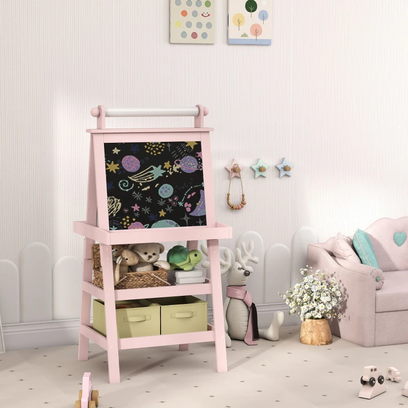 AIYAPLAY 3 in 1 Kids Easel Double-Sided Magnetic Whiteboard and Chalkboard with Paper Roll, Storage Baskets - Pink