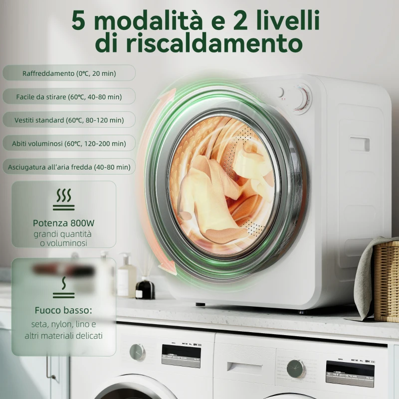 HOMCOM Mini Asciugatrice Portatile 2.5kg, 5 Programmi, 800/400W, Carica Frontale, Impilabile/Parete/Autoportante, Bianco