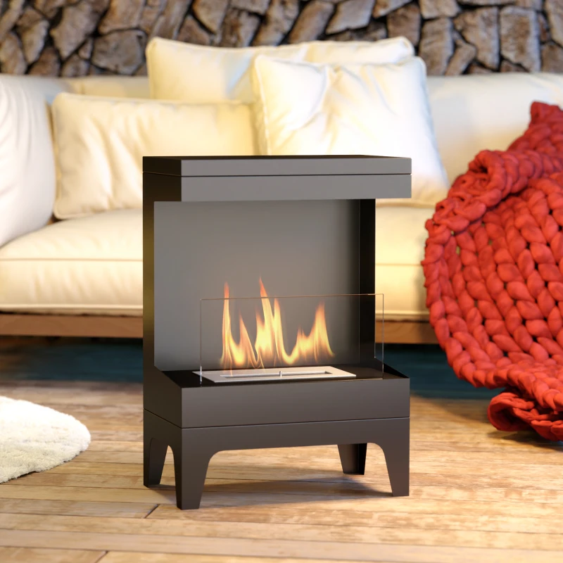 HOMCOM Cheminée bioéthanol sur pieds avec réservoir 0,9 L environ 3,3 h de combustion couverture 20 m² 38 x 22 x 54 cm noir