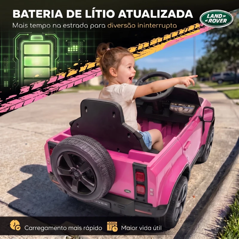 AIYAPLAY Carro Elétrico SUV para Crianças Land Rover Defender 12 V com Comando à Distância, Suspensão e Arranque Suave, Rosa
