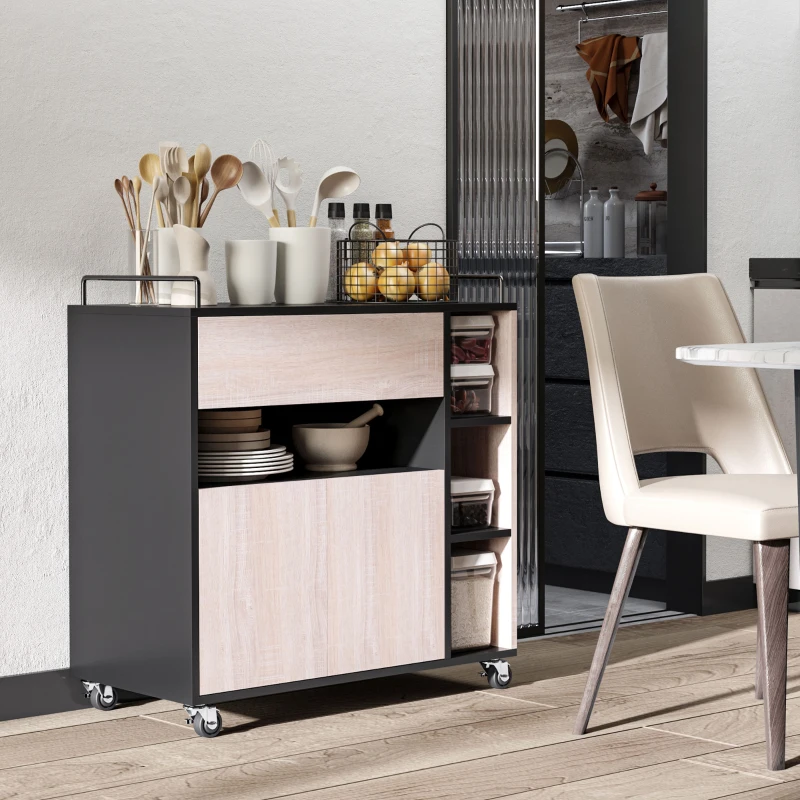 HOMCOM Carrello da Cucina Multiuso Moderno con Ruote Cassetto Anta in Legno Rovere, 76,5x40x82cm