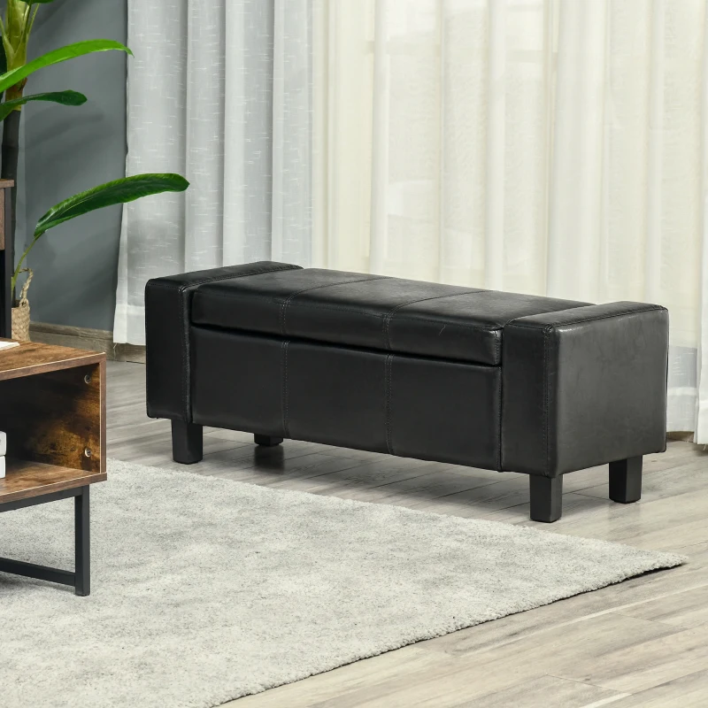 HOMCOM Banc de rangement, coffre de rangement avec couvercle, bout de lit en polyuréthane côtelé pour salon, chambre, entrée, 106 x 40 x 40 cm, noir