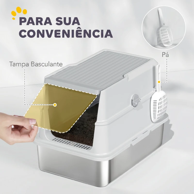 PawHut Caixa de Areia XL em Aço Inoxidável para Gatos, Fechada, com Tampa Rebatível, Bordo Alto, Pá e Sistema Anti-fugas, Cinzento-claro