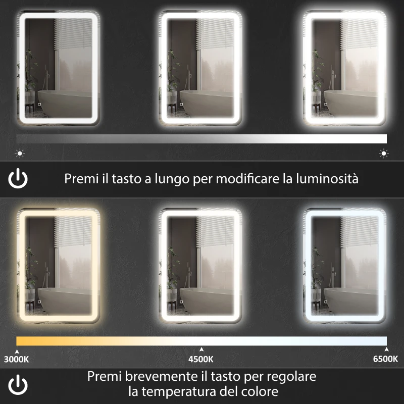 HOMCOM Specchio Bagno LED Touch con Luce Dimmerabile, a 3 Temperature e Antiappannamento, 70x90 cm