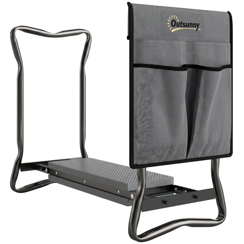 Outsunny Tabouret de Jardin Pliable 2 en 1, Coussin en Mousse EVA et 4 Poches à Outils Amovible, Charge 150kg, 58x28x49cm, Gris