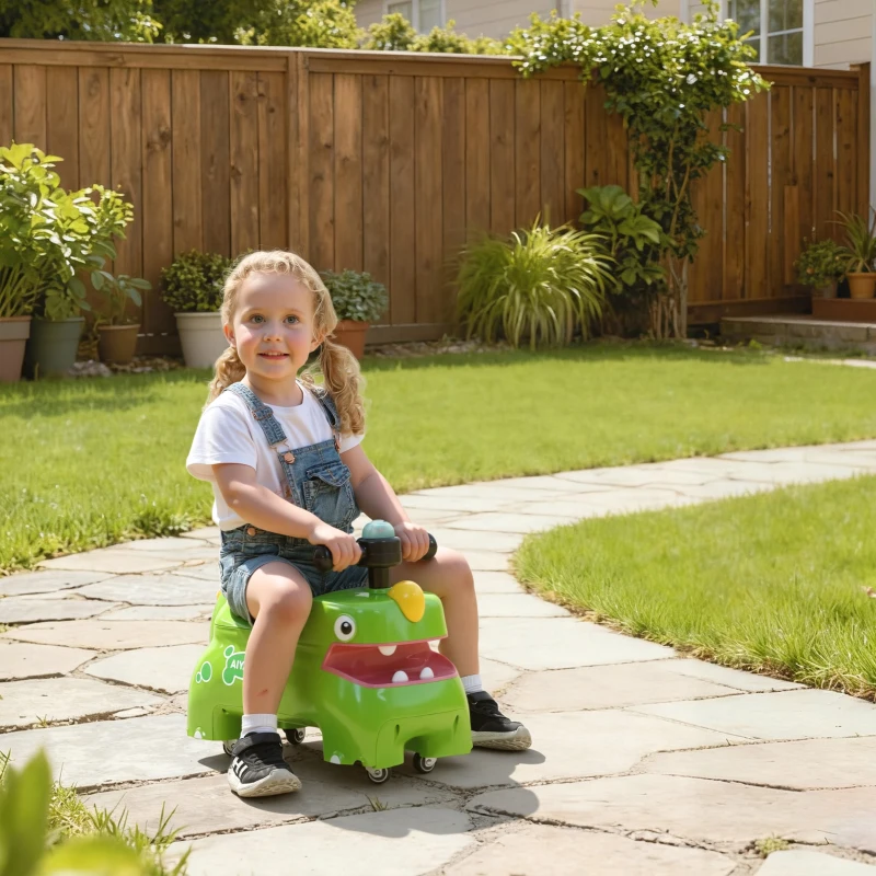 AIYAPLAY Kids Ride On Car, Dinosaur Foot to Floor Slider with Storage, Toddler Walker with Light, Sounds, Green