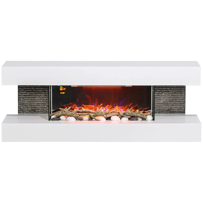 HOMCOM 47inch / 120cm Electric Fireplace Wall Mounted, Freestanding, Glass Electric Fire Suite with Mantel, Adjustable LED Flame Effect and Temperature, Log, Pebble, Remote Control, 2000W, White