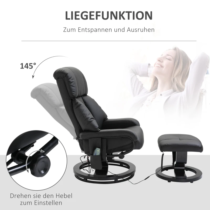 HOMCOM Massagestoel met voetenbank, 10 trilpunten, 145° verstelbare rugleuning, zwart