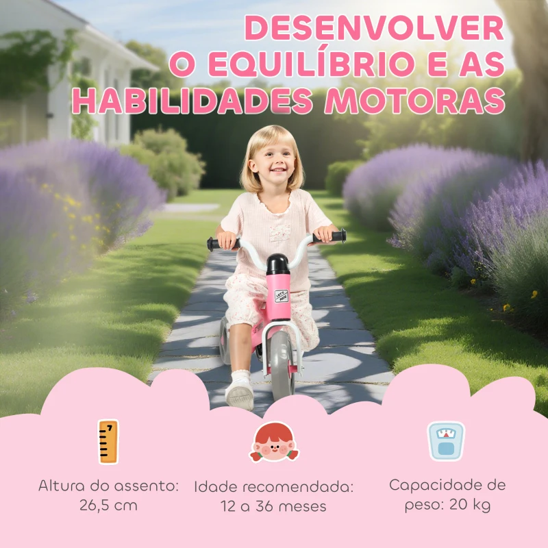 AIYAPLAY Bicicleta sem Pedais para Crianças dos 12 aos 36 Meses Bicicleta de Equilíbrio com Guiadores com Rotação Limitada a 60° 69x40x49 cm Rosa