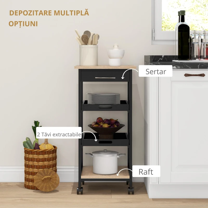 HOMCOM Cărucior de servire pentru bucătărie pe roți, 2 tăvi detașabile, sertar, raft, stejar deschis, lemn de pin, negru