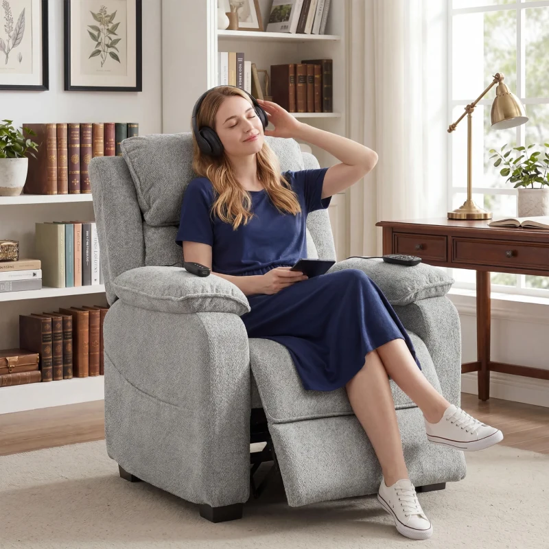 HOMCOM Power Recliner Armchair with Massage and Heat, Electric Reclining Chair with Wide Spring Seat, Light Grey