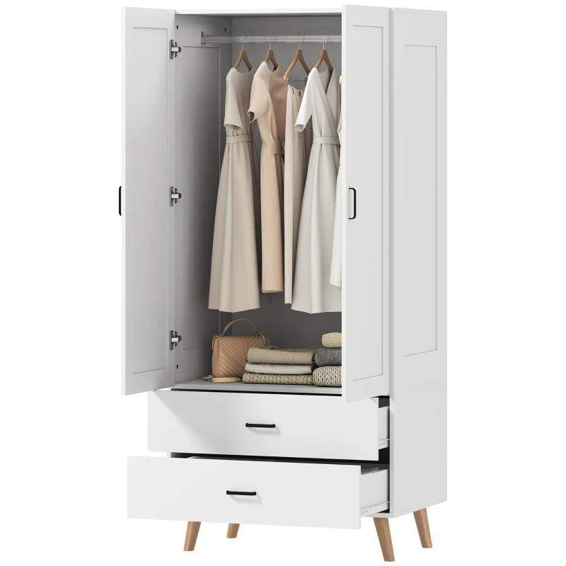 HOMCOM Armoire chambre penderie 2 portes à fermeture douce, 2 tiroirs et barre de suspension, 80x54x180cm, blanc
