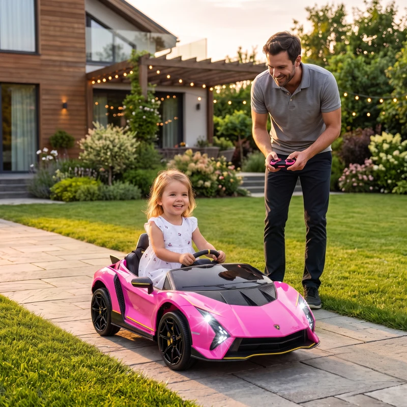 AIYAPLAY Carro Elétrico para Crianças Lamborghini 12V Controlo Remoto Faróis Buzina Arranque Lento e Música MP3 114,5x64x45,5 cm Rosa