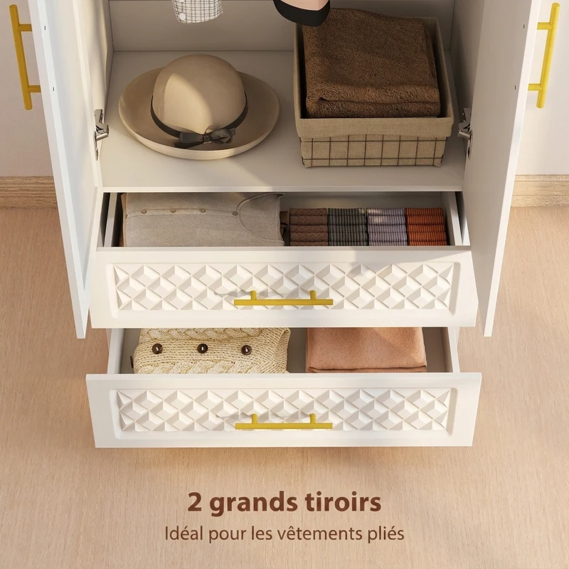HOMCOM Armoire chambre penderie avec miroir, 2 tiroirs, 2 portes et barre de suspension, 80 x 50 x 180 cm, blanc