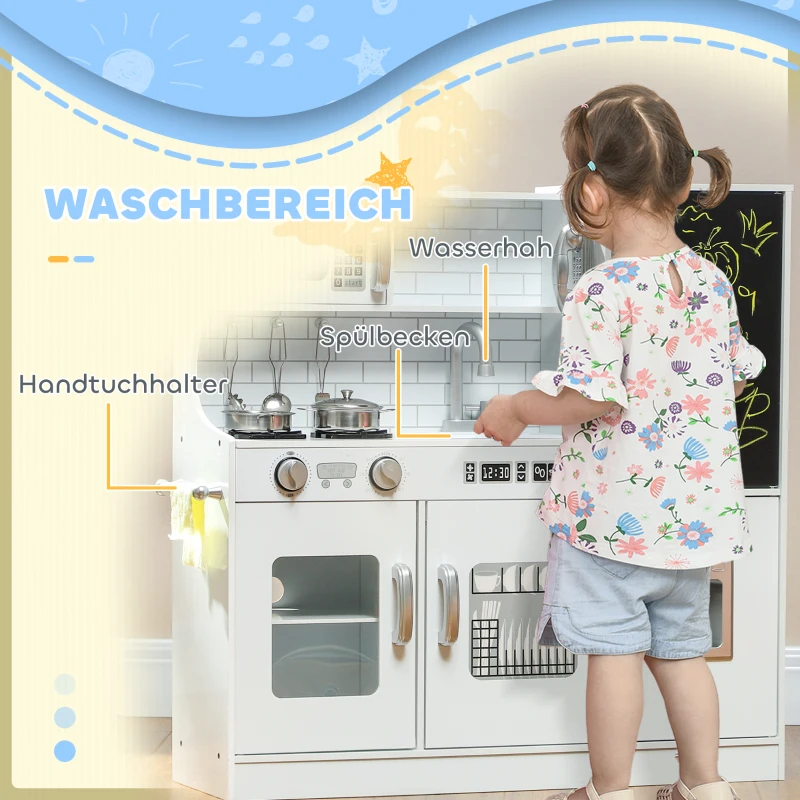 AIYAPLAY Kinderkeuken - Speelkeuken met Telefoon, Krijtbord, Magnetron, Fornuis, Spoelbak, Accessoires, IJsblokjesmachine, 3-8 Jaar, Wit