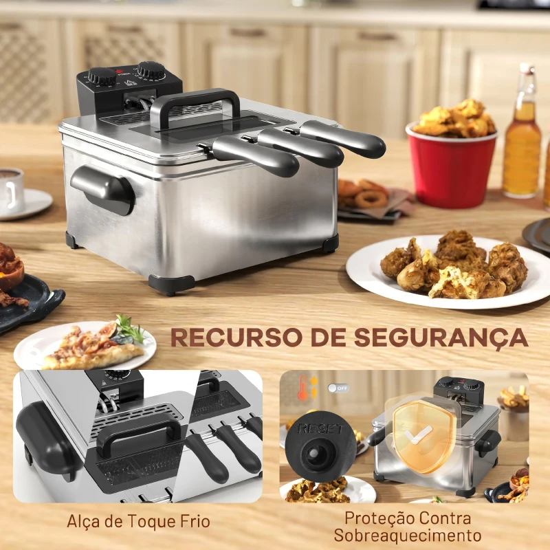HOMCOM Fritadeira 5 L com Temperatura Ajustável até 190 °C Janela de Visualização e Temporizador 60 min Prata