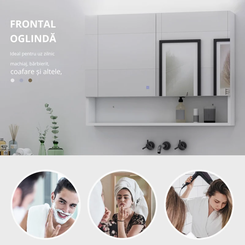 HOMCOM Dulap cu oglinda de perete cu lumini LED, raft deschis si raft intern reglabil, sticla si MDF, 80x15x60cm