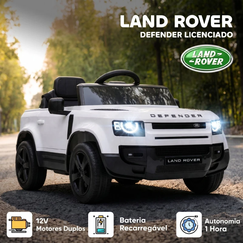 AIYAPLAY Carro Elétrico SUV Land Rover Defender 12 V para Crianças com Comando, Suspensão e Arranque Suave, Branco