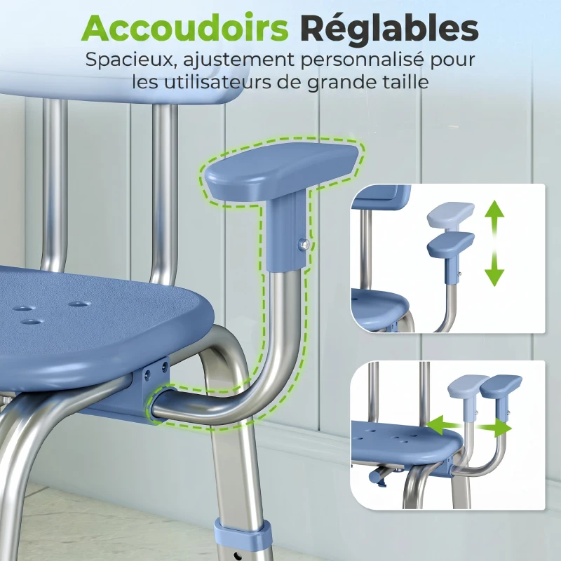 HOMCOM Tabouret de douche chaise de douche ergonomique avec accoudoirs, dossier, hauteur et siège réglables, bleu