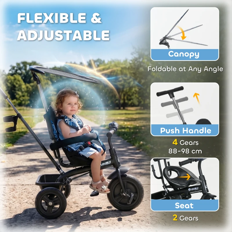 HOMCOM 6 in 1 Tricycle for Kids with 5-point harness straps, Removable Canopy, Dark Blue