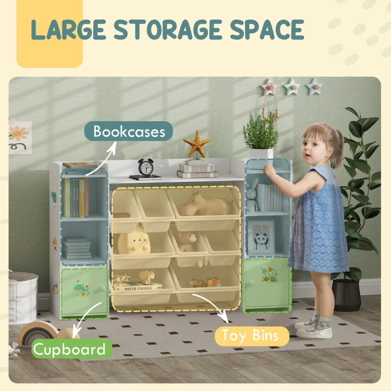 AIYAPLAY Kids Toy Organizers and Storage with 8 Removable Storage Bins and Bookshelf, White