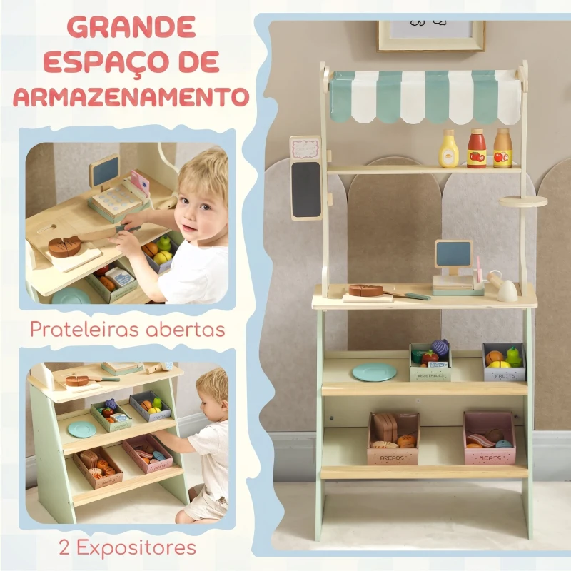 AIYAPLAY Supermercado de Brincar em Madeira com Caixa Registadora, Scanner, Cartão, Quadro, Caixas, Toldo e Acessórios, Verde