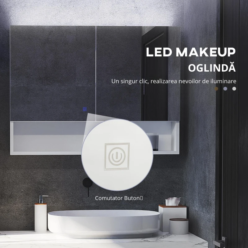 HOMCOM Dulap cu oglinda de perete cu lumini LED, raft deschis si raft intern reglabil, sticla si MDF, 80x15x60cm