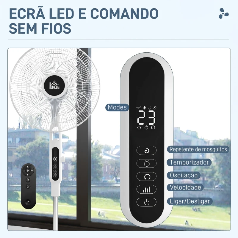 HOMCOM Ventoinha de Pé Ajustável em Altura com 7 Pás 28 Velocidades Oscilação de 75° Temporizador e Repelente de Mosquitos Branco