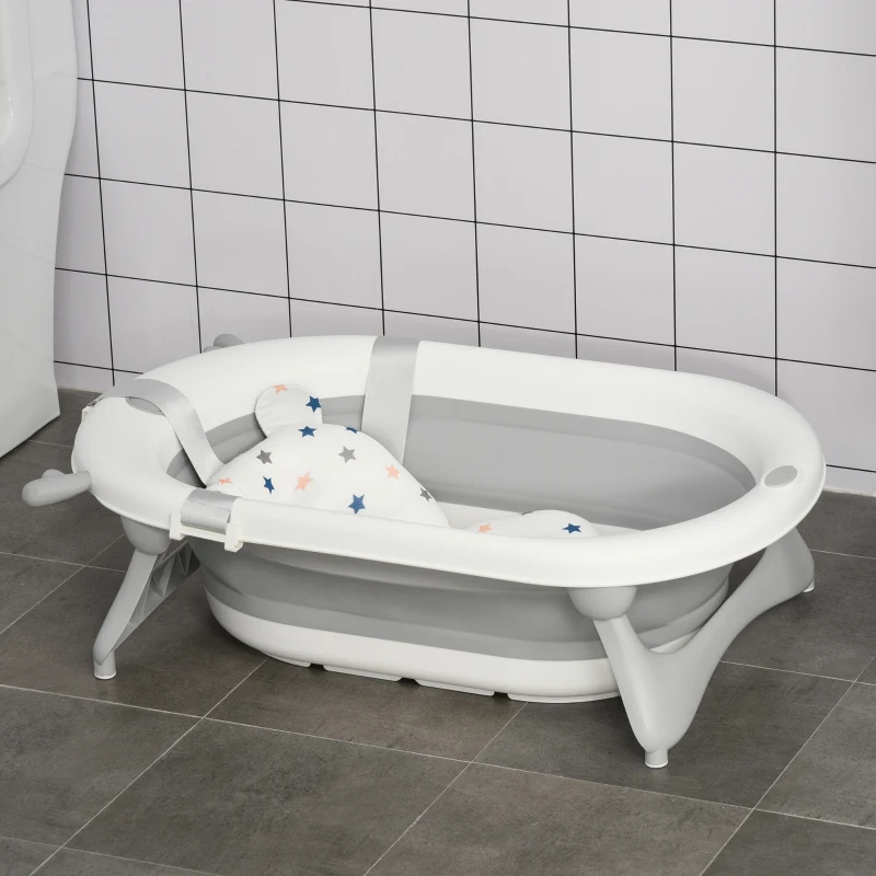HOMCOM Vaschetta Bagnetto Pieghevole per Bambini 0-3 Anni con Indicatore di Temperatura e Cuscino, 81.5x50.5x23.5cm, Bianco