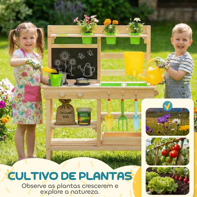 AIYAPLAY Cozinha de Brincar Exterior com Vasos Lavatório Torneira Utensílios de Aço Inoxidável e Quadro-Negro Madeira