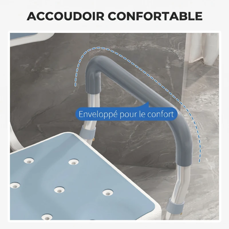 HOMCOM Tabouret de douche chaise de douche ergonomique hauteur réglable pieds antidérapants 56,5 x 53,5 x 87 cm blanc et bleu