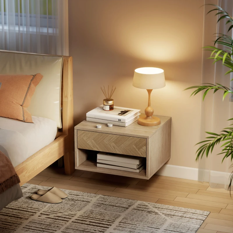 HOMCOM Set de 2 noptiere suspendate moderne cu sertar și spațiu deschis, 37x32x21 cm, lemn natural