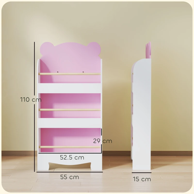 AIYAPLAY Bibliotecă pentru copii cu 3 rafturi, în formă de ursuleț cu bariere frontale, 55x15x110 cm, roz