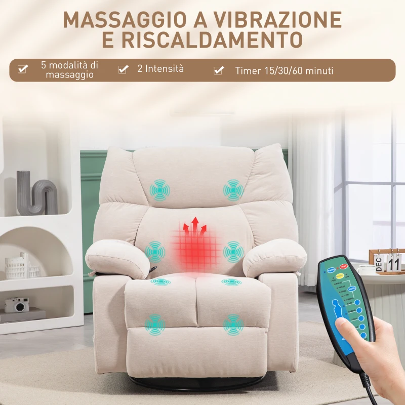 HOMCOM Poltrona Reclinabile con Poggiapiedi, Massaggio e Riscaldamento con 5 Programmi e 8 Punti Vibranti, Beige