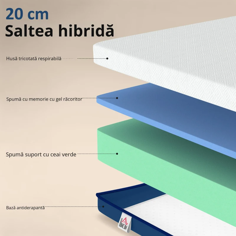 HOMCOM Saltea 90x190 cm, saltea 1 persoană, spumă cu memorie cu ceai verde, husă detașabilă lavabilă, fermitate medie