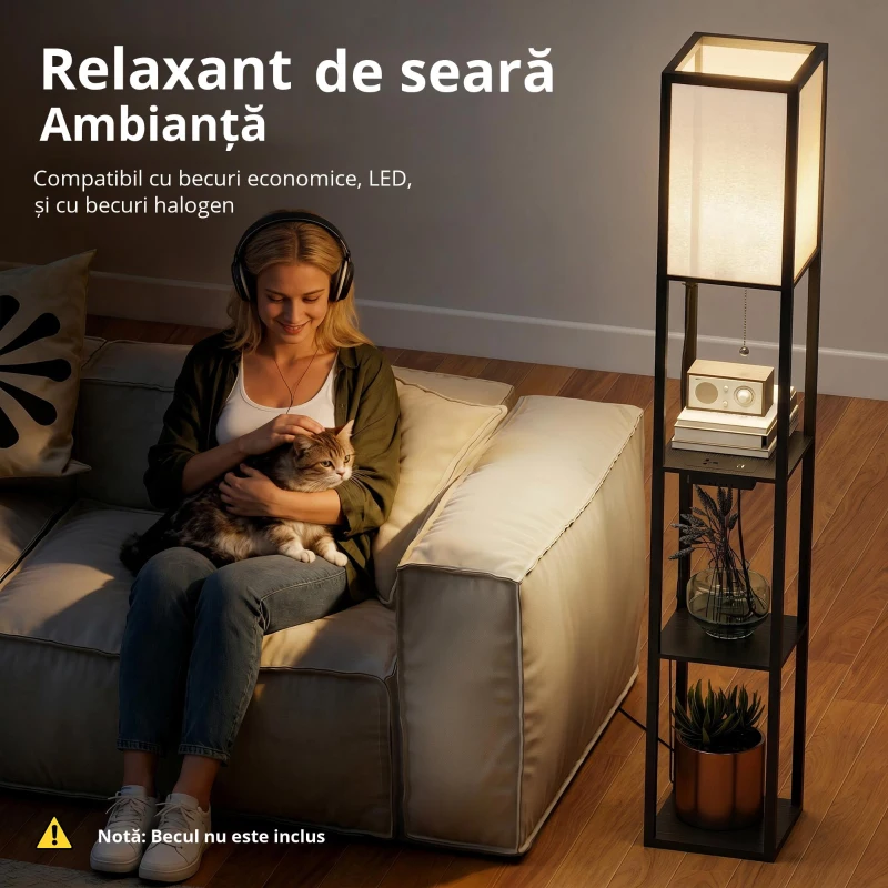 HOMCOM Lampă LED de podea cu rafturi, dimabilă, întrerupător cu lanț & prize, neagră