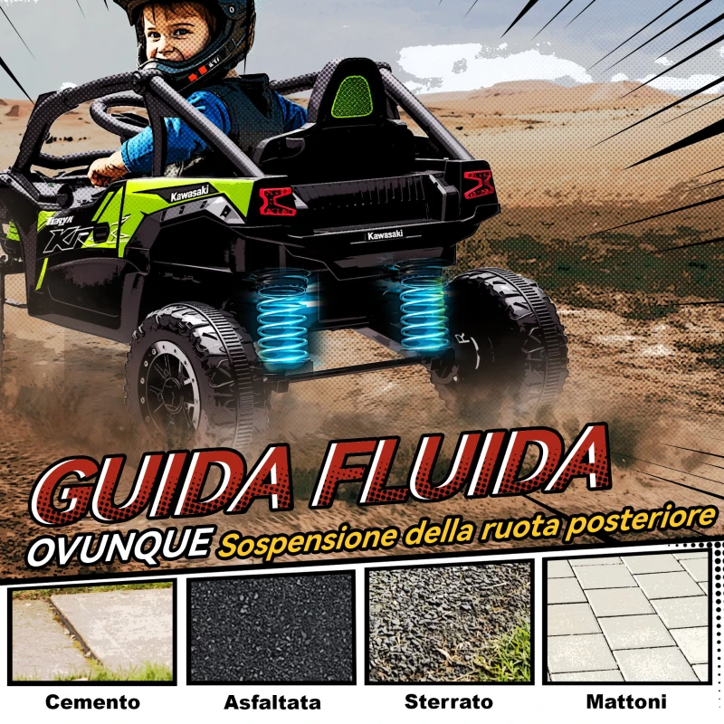 AIYAPLAY Macchina Elettrica per Bambini 3-5 Anni 12V con Licenza KAWASAKI, Doppio Motore, Telecomando e Musica, Nero