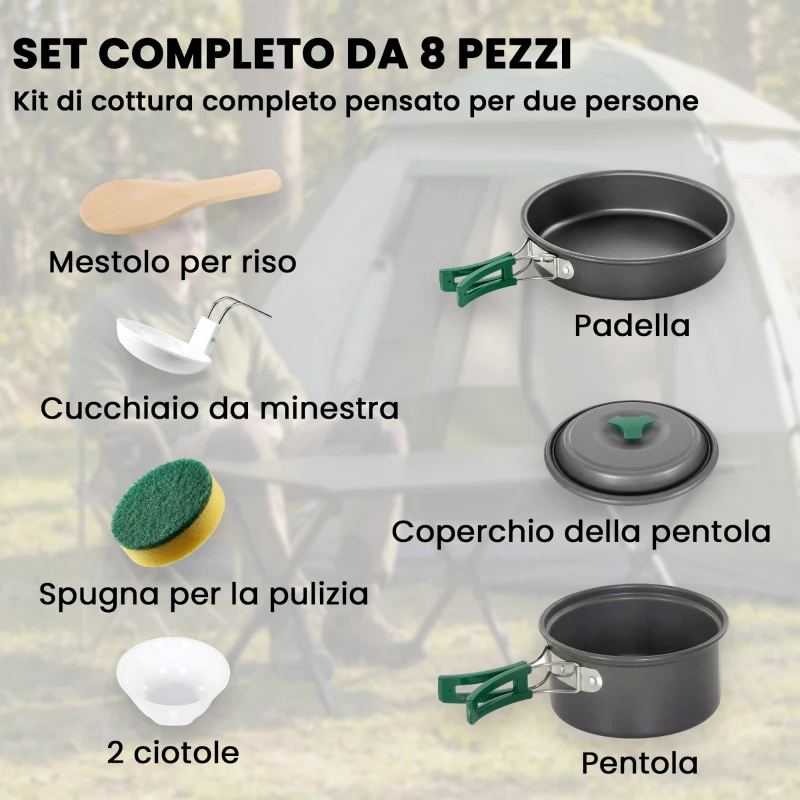 Outsunny Set da Cucina per Campeggio, Kit Ultraleggero a 8 Pezzi con Manici Anti-Scottatura, Grigio