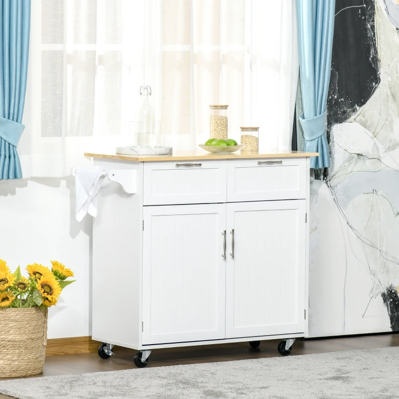 HOMCOM Carrinho de Cozinha com Rodas Móvel Auxiliar de Cozinha com 2 Gavetas 2 Portas Prateleira Ajustável 104x46x91 cm Branco