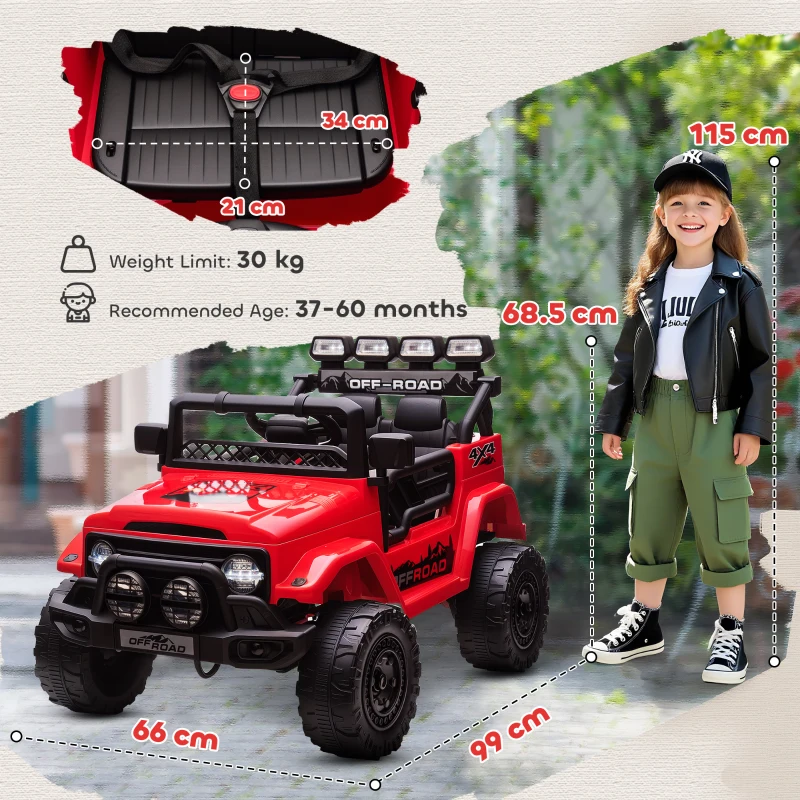 AIYAPLAY Vehicul Off-Road pentru Copii cu Faruri, Claxon, Centură și Telecomandă, din PP și Metal, 99x66x68.5 cm, Roșu