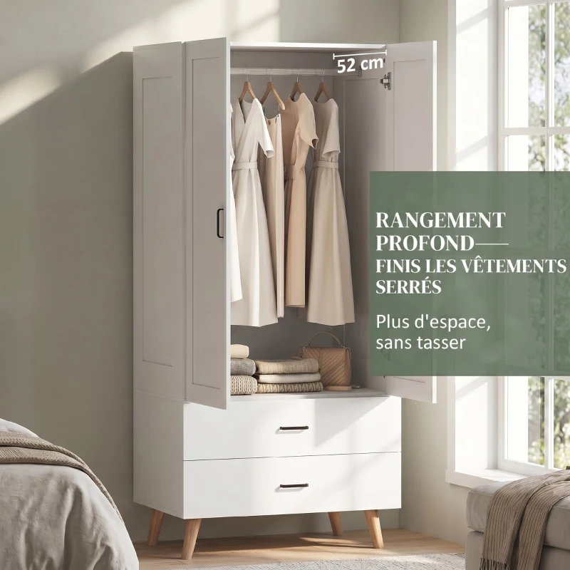 HOMCOM Armoire chambre penderie 2 portes à fermeture douce, 2 tiroirs et barre de suspension, 80x54x180cm, blanc