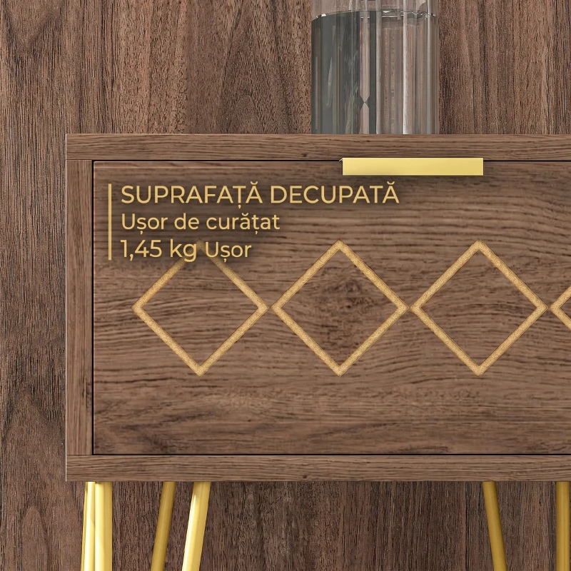 HOMCOM Noptiere Moderne Set 2 Piese din Plăci Aglomerate și Oțel cu Sertar, 39.5x41x49 cm, Maro