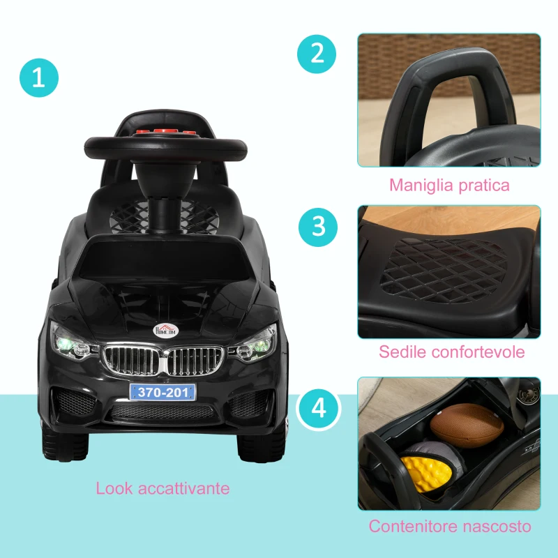 HOMCOM Macchinina per Bambini Cavalcabile con Volante, Fari e Musiche Integrate, in PP e Metallo, 63.5x28x36 cm, Nero