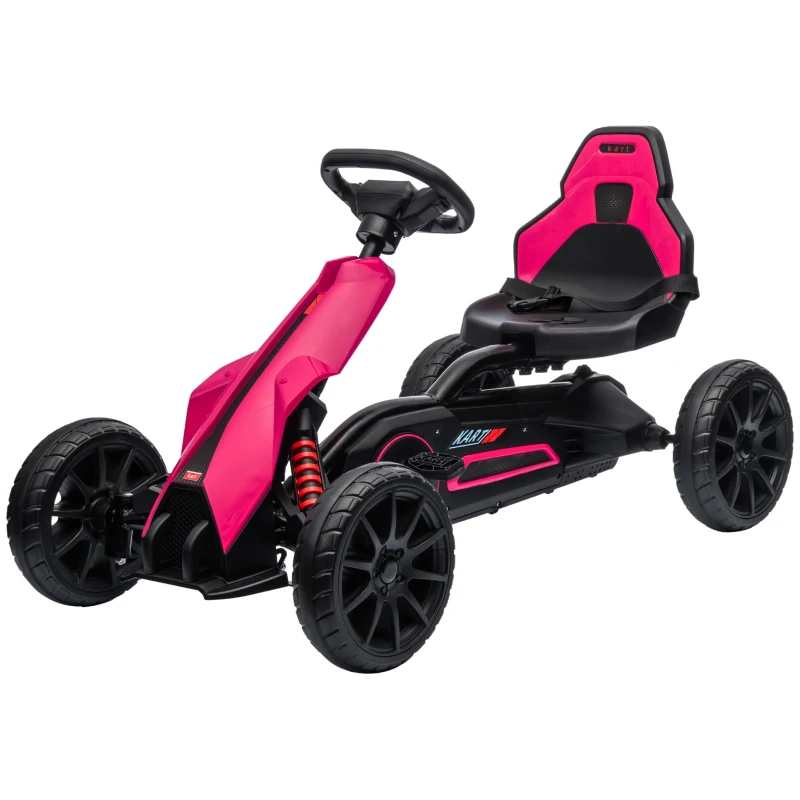 HOMCOM Go-Kart, Kinderfahrzeug mit verstellbarem Sitz, Tretfahrzeug, Tretauto mit Handbremse, 3-8 Jahre, Outdoor, Rosa