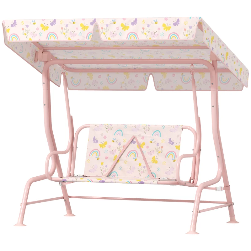 AIYAPLAY Baloiço de Jardim para Crianças com 2 Lugares Toldo Ajustável Cinto de Segurança e Desenho de Borboletas 112x75x120 cm Rosa